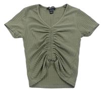 Khaki rebrované crop tričko s nařasením zn. New Look