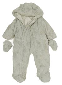 Světlešedá kožešinová zateplená kombinéza s kapucí s oušky Mothercare