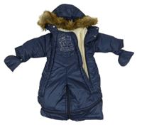 3v1 - Tmavomodrý prošívaný šusťákový zimní fusak s kočičkami a kapucňou s kožešinou + rukavice