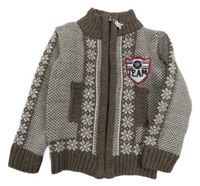 Hnedo-biely vzorovaný vlnený prepínaci sveter s nášivkou