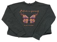 Tmavosivá melírovaná crop mikina s motýlkom George