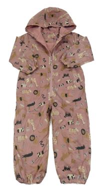 Staroružová šušťáková jarná kombinéza so zvieratkami a kapucňou Nutmeg