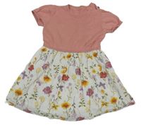 Světlerůžovo-bílé svetrovo/plátěné šaty s kytičkami a motýlky Tu