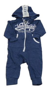 Tmavomodrá melírovaná tepláková kombinéza s nápismi a kapucňou Papagino