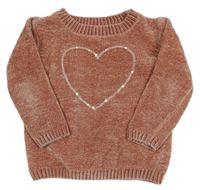 Starorůžový melírovaný žinylkový svetr se srdíčkem z flitrů C&A