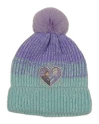 Fialovo-mátová melírovaná žebrovaná vlněná čepice se srdíčkem s Frozen a bambulí