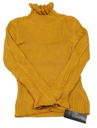 Nové - horčicový rebrovaný svetrový rolák s volánikmi St. Bernard