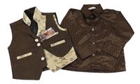 Nové - 2Set - Tmavohnědo-béžová melírovaná slavnostní vesta s květy + tmavohnědá vzorovaná košile 