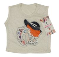 Nové - smetanovo-stříbrný puntíkatý top s holčičkou a kamínky