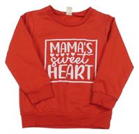 Červená mikina s nápismi a srdiečkami