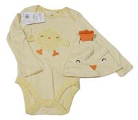 Nové - 2Set - Žluto-bílé pruhované body s kuřátkem + čepice F&F