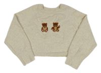 Smetanovo-pudrový melírovaný crop sveter s medvedíkmi PRIMARK