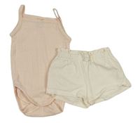 2set - Světlerůžové žebrované perforované body + smetanové teplákové kraťasy H&M