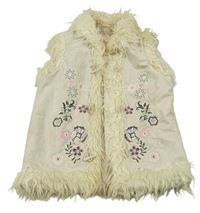 Béžová semišová zateplená vesta s výšivkami květů a kožešinou