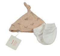 2set - Růžová bavlněná čepice s ptáčky + bílé rukavičky