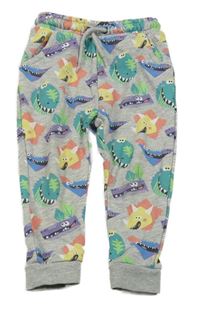 Šedé melírované tepláky s dinosaury Tu