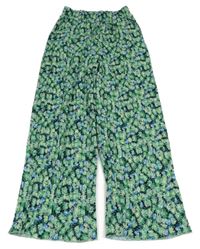 Čierno-zeleno-modré kvetované plisované ľahké široké nohavice Page One Young