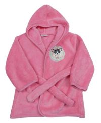 Růžový chlupatý župan se psem a kapucí