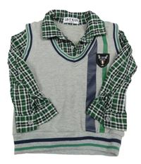 Sivo-zelená svetrová vesta s košeľovymi rukávy a golierom