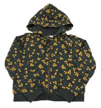 Tmavošedo-zeleno-žlutá květovaná propínací crop mikina s kapucí 