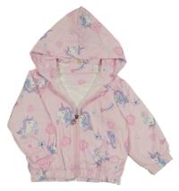 Svetloružová ľahká šušťáková jarná bunda s jednorožcami a kapucňou