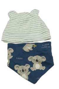 2 set - bílo-zelená pruhovaná čepice + tmavomodrý slinták s medveďmi
