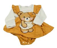 Hořčicovo-biele šaty s medvěďom a všitým body