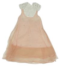 Ružovo-biele tylovo/krajkové šaty s perlami