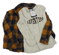 Nové - 2set - Hnedo-tmavomodrá kockovaná košile + sivé tričko s nápisom Pep&Co