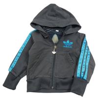 Antracitovo-modrá prepínaci mikina s pruhmi a kapucí Adidas