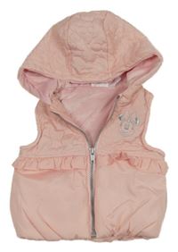 Světlerůžová šusťáková prošívaná zateplená vesta s Minnie a kapucí Disney