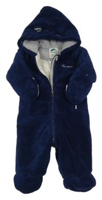 Tmavomodrá plyšová zateplená kombinéza s kapucňou