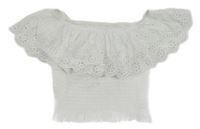 Biely crop top s volánikom s madeirou a žabičkováním