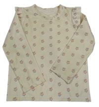 Béžové UV triko s květinami s volány na ramenou 