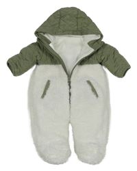Zeleno-bílá šusťákovo/huňatá zateplená kombinéza s kapucí Matalan