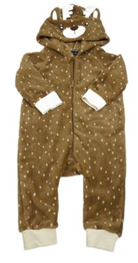 Hnedá bodkovaná á chlpatá kombinéza s kapucí - medvěď