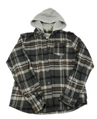 Šedo-černo-oranžová kostkovaná košile s kapucí 