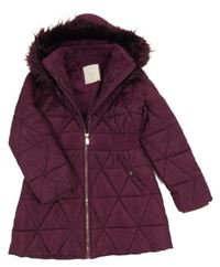 Fuchsiový šusťákový prošívaný zimní kabát s kapucí s kožešinou Matalan