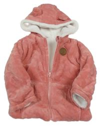 Ružová chlpatá zateplená bunda s medvedíkom a kapucňou