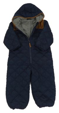 Tmavomodro-hnědá šusťákovo/manšestrová prošívaná zateplená kombinéza s kapucí Next