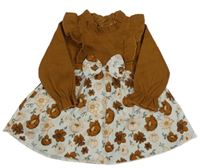 Hnedo-smotanové manšestrovo/lehké šaty s kvietkami a mašlou a volánikmi SHEIN