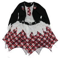 Kockovaným - Čierno-červeno-biele kárované halloweenské šaty s kravatou