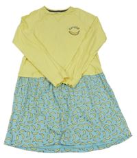 Žluto-světlemodré bavlněné šaty s banány Manguun