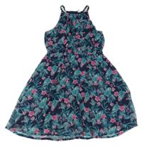 Tmavomodro-ružovo-zelené kvetované šaty s listami Yigga