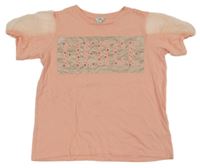 Broskvové tričko s nápisom a sieťovanymi rukávy River Island