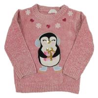 Svetloružový žinylkový sveter s tučňákem Primark
