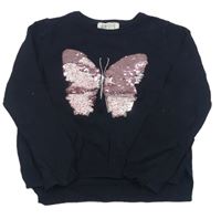 Tmavomodrý sveter s motýlem z flitrů H&M