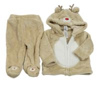 2set - Béžovo-bílá chlupatá propínací mikina s kapucí + polodupky - sob C&A