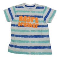 Bílo-modro-zelené pruhované tričko s nápisem Topomini