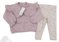 Nové - 2set - Růžová mikina s volánky + světlerůžové legíny s kytičkami F&F